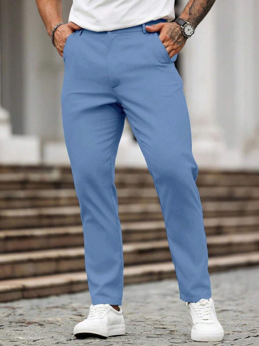 Manfinity Homme Quần dài nam trơn màu, kiểu dáng thường ngày, đa năng. - Màu xanh lam - Xem 1