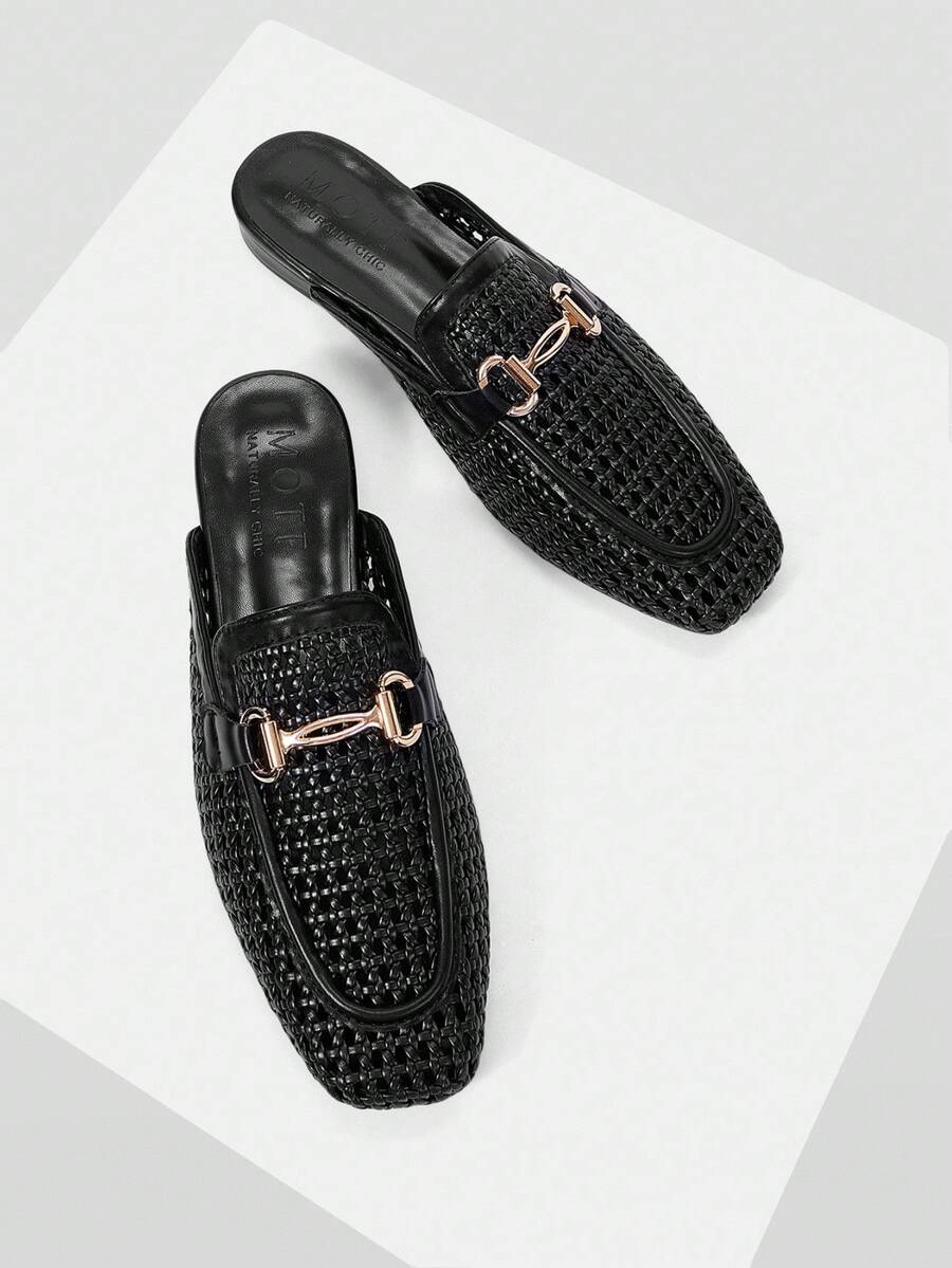 MOTF Cómodas y elegantes mules planas con punta cuadrada, de estilo casual y cómodo, para mujer - Negro - Ver 1