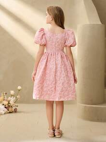 Tween Girl Butterfly Jacquard Round Neck Petal Sleeve Cute Dress - Pink - View 2
