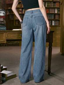 ROMWE Academia 休闲水洗深色印花做旧牛仔裤 - 藍色 - 查看 4