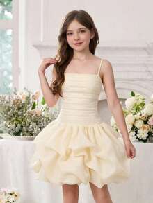 SHEIN Tween Girls Elegant Cream White Organza Bubble Hem Mini Dress,Spaghetti Straps Ruched Fitted Party Dress For Summer Birthday Weddings Graduations - Apricot - View 3