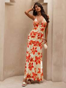 SHEIN Glamour 女士优雅性感印花露背连衣裙，夏季 - 彩色 - 查看 1