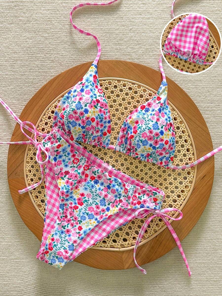 Swim Mod 2件套女士可爱甜美风挂脖上衣和侧系带三角比基尼泳裤套装，夏季 - 彩色 - 查看 1