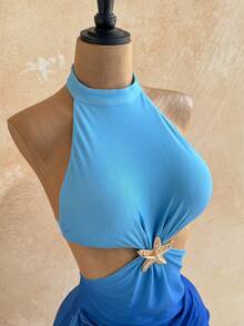 Soleia Women's Gradient Backless Halter Mini Dress, Suitable For Beach Vacation,Summer Dress,Vacation Dress - Multicolor - View 4