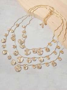 Lumivelle 1Pc ZAA Personalized Retro Cool Style Multi-Layer Stacked Geometric Circular Pendant Necklace For Women's Fashion Jewelry Set Retro Jewelry Gift - Gold - View 4