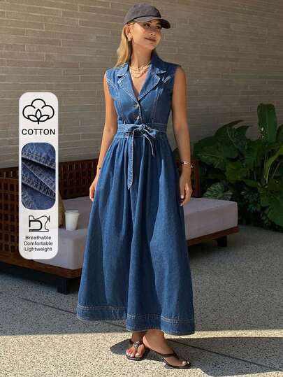 Livesso Summer Blue Denim Sleeveless Collared Waist Cinched Vacation Dress For Women