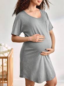 Moonlight&Mama Áo ngủ ngắn tay màu trơn mùa hè dành cho bà bầu - Màu xám đen - Xem 4
