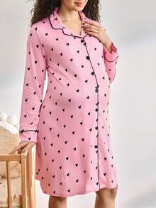 Moonlight&Mama 孕妇爱心印花单排扣休闲睡裙，适合日常穿着 - 彩色 - 查看 1