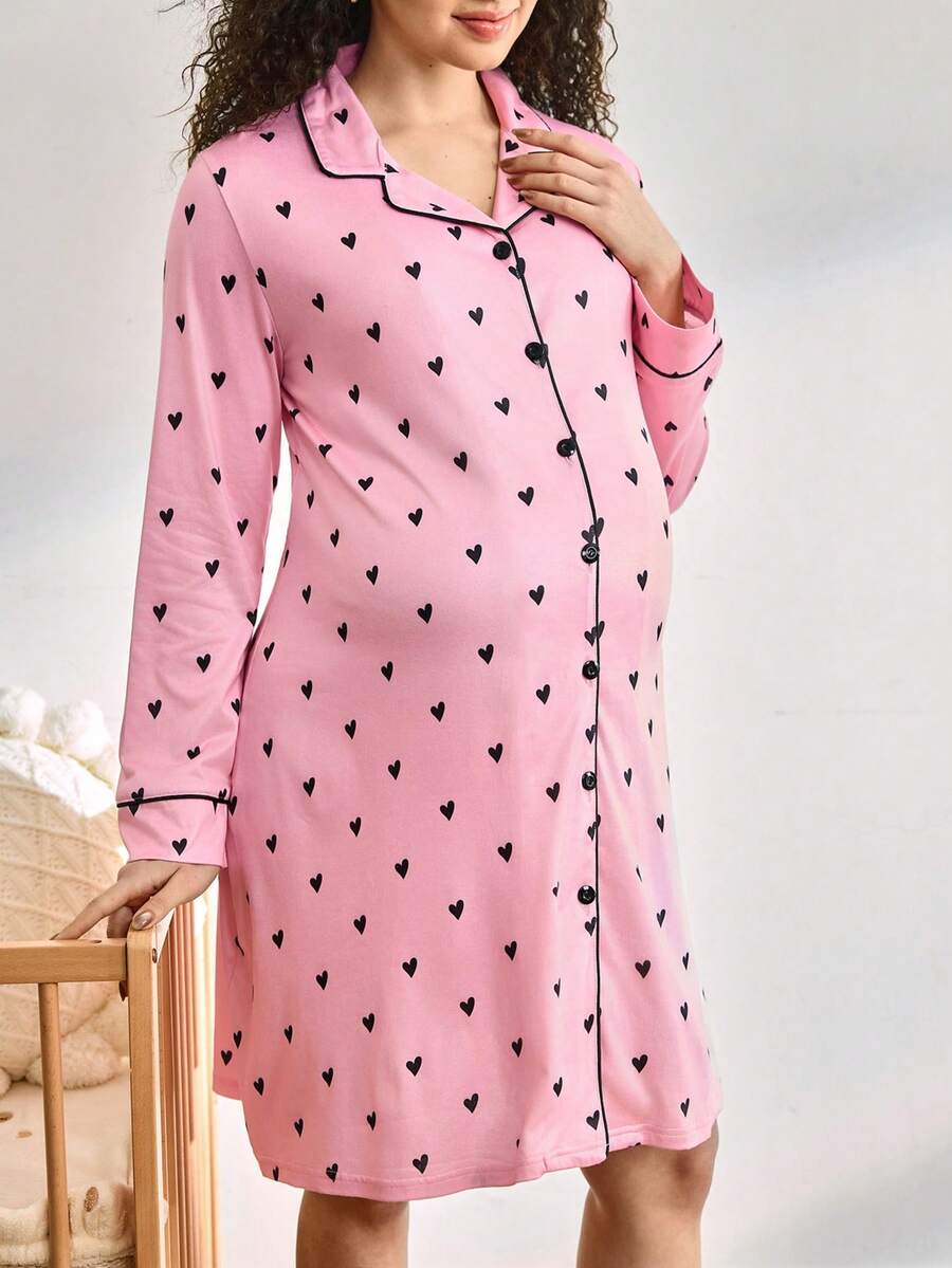 Moonlight&Mama 孕妇爱心印花单排扣休闲睡裙，适合日常穿着 - 彩色 - 查看 1