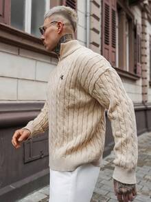 Artur Kramer 男士秋冬拉链半开襟时尚针织套头毛衣，休闲针织麻花针织衫，男士针织四分之一拉链Polo衫，长袖上衣 - 杏色 - 查看 4