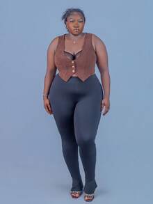 CurvyTilda 大碼前紐扣夾克背心 - 咖啡棕 - 查看 5