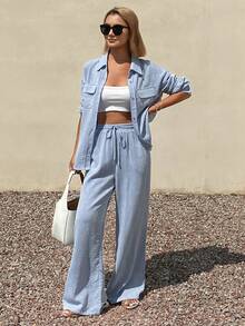 DAZY 女士休闲口袋衬衫配领带和阔腿裤两件套，春夏款 - 藍色 - 查看 5