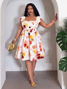 Veslaya White Summer Elegant Bachelorette Party Vacation Plus Size Women's Floral Square Neck Flare Sleeve A-Line Mini Dress,Wedding Guest Beach Short Dress - Multicolor - View 2