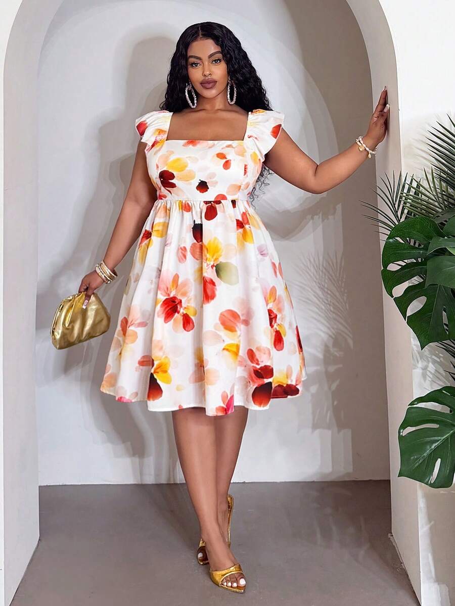 Veslaya White Summer Elegant Bachelorette Party Vacation Plus Size Women's Floral Square Neck Flare Sleeve A-Line Mini Dress,Wedding Guest Beach Short Dress