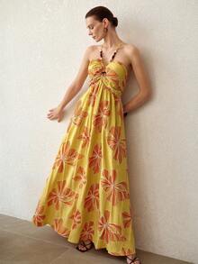 MOTF PREMIUM LINEN DRESS WITH 3D EMBROIDERY AND BEADING, BELLFLOWER FRENCH TEA DRESS - Yellow - View 4