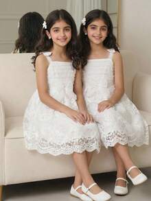 ChillGRL 1pc Tween Girls' Sweet Vacation White Embroidered Mesh Design A-Line Dress, Suitable For Daily, Vacation, Sisterly Gatherings, Spring/Summer - White - View 3