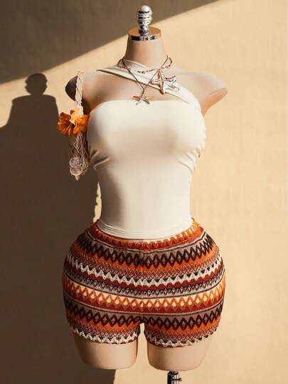 SHEIN ICON Plus Size Colorful Striped Casual Shorts For Beach Vacation