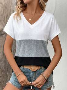 Lymera Camiseta feminina casual com decote em V e estampa patchwork, versátil para o trabalho e uso diário, primavera/verão. - Multicolorido - Ver 5