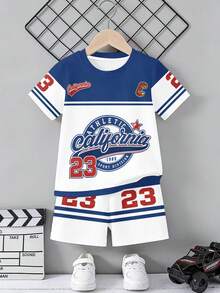 2 Stücke Baby Jungen Grafik Buchstaben & Nummer 23 gestreifter sportlicher Kurzarm T-Shirt und Shorts Set, Lässig Mode, Lustiges Muster, geeignet für Sommersport Outdoor, weich und bequem Kleinkind Jungen Rundhals T-Shirt + Shorts Outfit - Verschiedenfarbig - Übersicht 3