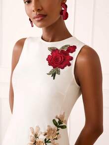 Lilora Women's Elegant Round Neck Applique Dress - White - View 1