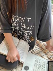 Dazy Plus 休闲字母印花圆领直筒宽松短袖睡裙，春夏女童睡衣 - 深灰色 - 查看 2