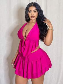 Slaydiva Plus Size Fuchsia Casual Vacation Halter Tankini Set With Cover-Up Skirt - Hot Pink - View 4