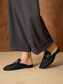 MOTF Cómodas y elegantes mules planas con punta cuadrada, de estilo casual y cómodo, para mujer - Negro - Ver 6