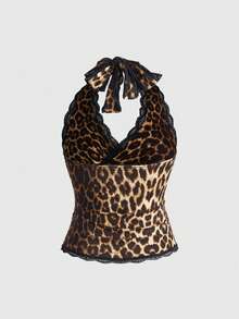 ROMWE Grunge Punk Y2K Spets Leopardmönstrad Halterneck Linne För Damer - Multifärgad - Visa 2