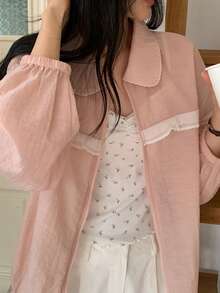 DAZY Women's Turndown Collar Ruffle Trim Lightweight Long Sleeve Jacket, Fresh Korean Style - Baby Pink - View 4