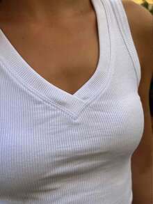 Rovax Solid Color Ribbed Fitted Regular V-Neck Tank Top - White - View 3