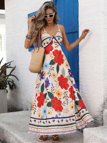 Breezaya 复古印花扭结前襟吊带连衣裙/热带印花飘逸连衣裙，适合海滩度假 - 彩色 - 查看 3