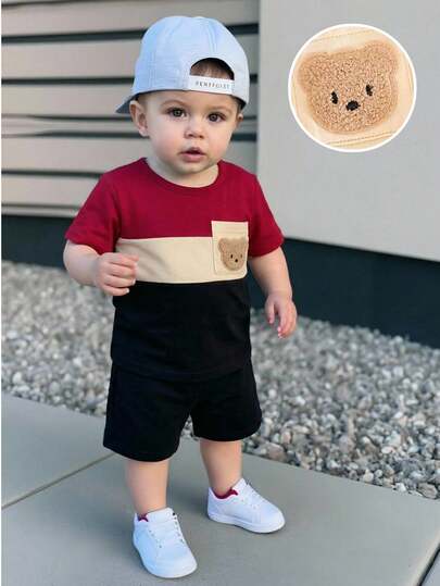 男婴针织撞色圆领单口袋休闲T恤和短裤两件套