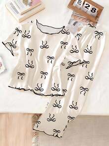 一套少女睡衣，杏色底，蝴蝶印花，撞色滚边，短袖长裤休闲家居服套装 - 杏色 - 查看 3