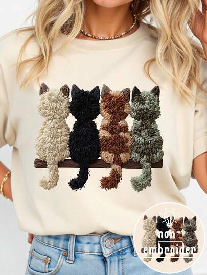 EMERY ROSE Cure Is Cat Back Print Casual Plus Size T 恤