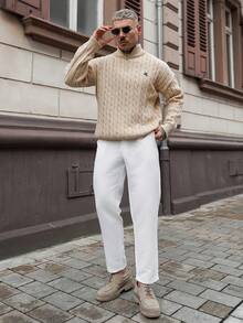 Artur Kramer 男士秋冬拉链半开襟时尚针织套头毛衣，休闲针织麻花针织衫，男士针织四分之一拉链Polo衫，长袖上衣 - 杏色 - 查看 5