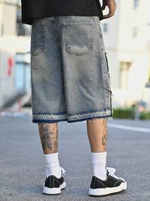 Devon Thys Men's Floral Pattern Frayed Pocket Wide Leg Loose Denim Shorts Hang Out Street Tropical College - Light Wash - View 2