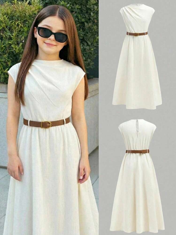 Firerie Kids Firerie Kids NovaGlow Tween Girl Tween Girls Casual Chic Commuter Stand Collar Flounce Waist Khaki A-Line Dress White Casual Full Length Dress For Young Girl Junior White Dress With Belt Tween Cream Dress White Modest Dress For Tweens,Kids - White - View 1