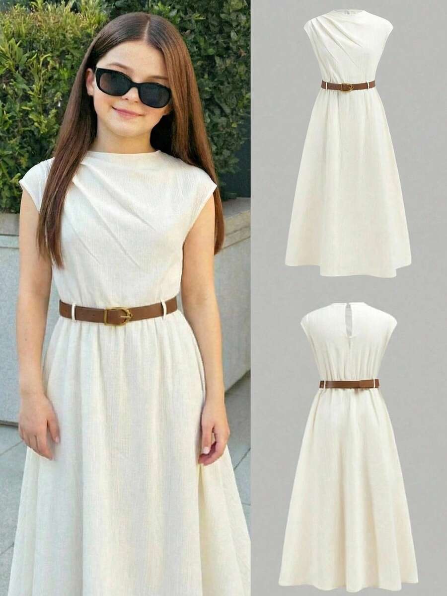 Firerie Kids Firerie Kids NovaGlow 少女休闲时尚通勤立领荷叶边腰身卡其色A字连衣裙 - 白色 - 查看 1