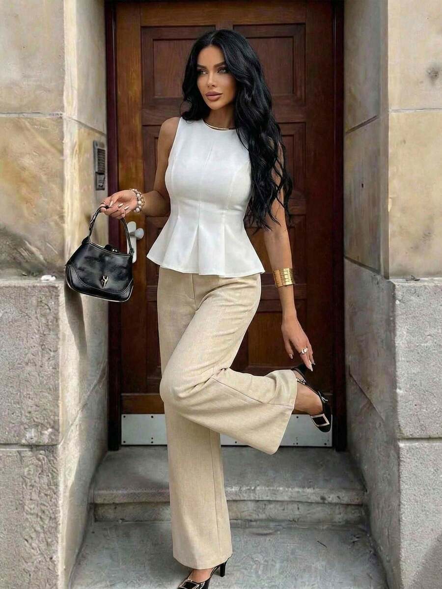 Aloruh 女士优雅纯色无袖系带露背上衣，夏季度假上衣，夏季沙滩白色荷叶边上衣