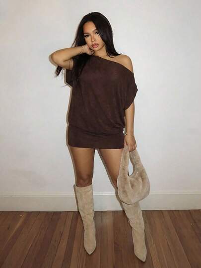 Slaydiva Spring/Summer New Casual Street Style Elegant Brown Glittery One-Shoulder Mini Dress For Women Mini Dress.Suitable For Valentine's Day, Dates, Party, Gatherings, Holidays, Concerts, Sexy Clubs, Nightclubs, Everyday Outings, New Year's, Revelry, Brunch Outfits, Hot Girl, Vacation.Wedding Guest Outfits, Wedding Season-B