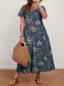 EMERY ROSE Đầm ngắn tay cổ chữ V tối giản, dáng rộng dành cho nữ, thích hợp cho mùa hè. - Màu xanh bụi bặm - Xem 3