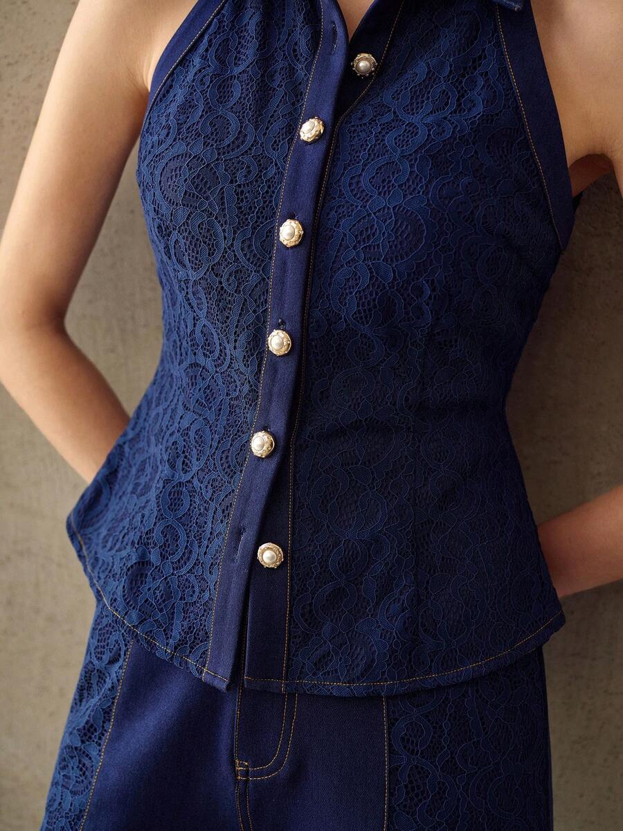 MOTF PREMIUM 女士时尚简约蕾丝拼接牛仔上衣和牛仔裤套装 - 藍色 - 查看 2