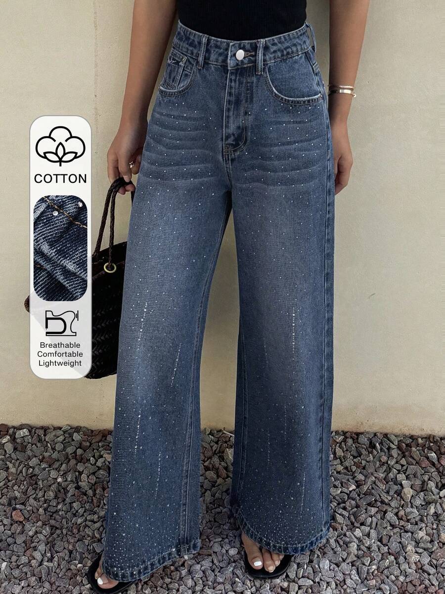 DAZY Women's Regular Waist Loose Rhinestone Embellished Casual Straight Leg Jeans - Medium Wash - View 1