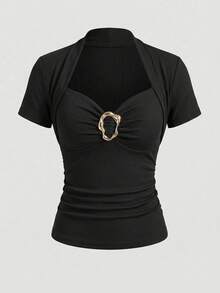 Gownix Women's Elegant Black Summer T-Shirt, Date Night Decorative Button Hollow Out Scallop Trim Ribbed Corset Top, Casual Short Sleeve Body Blouse - Black - View 12