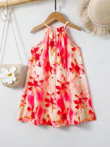 SHEIN 少女无袖碎花休闲雪纺连衣裙 - 亮橙色 - 查看 2