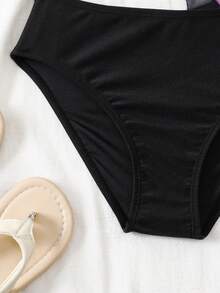 SHEIN 少女三件套泳衣，包括背心和短裤，度假沙滩风 - 黑與白 - 查看 6