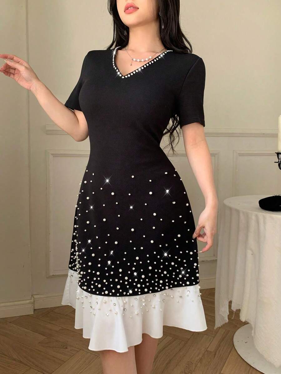 Modelyn Elegant & Romantic V-Neck Starry Rhinestone Contrast Color Mini Dress For Women - Black and White - View 1