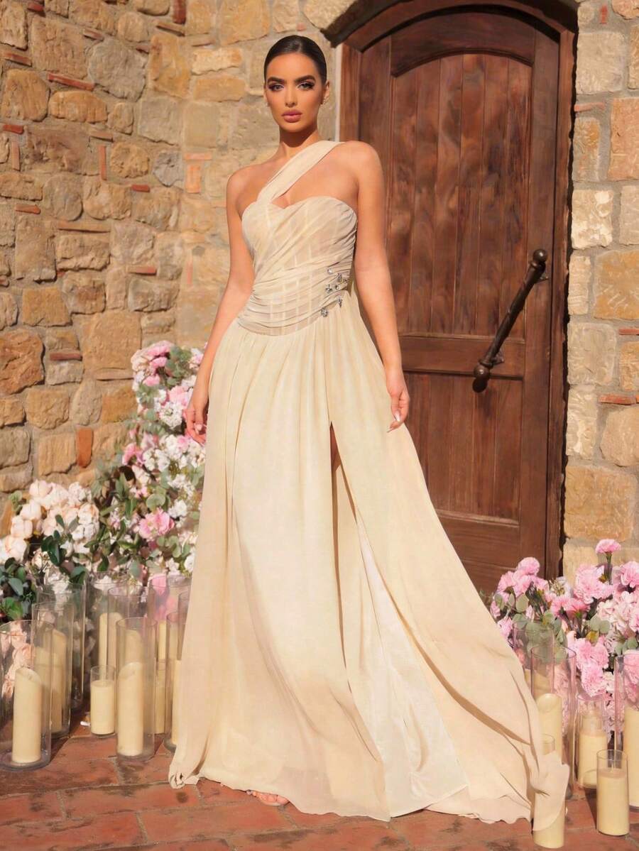 Glamrae 优雅简约露肩心形领口褶裥半透明面料，带鱼骨装饰，喇叭形下摆，系带腰身晚礼服，商务正式礼服，宾客礼服，开衩长袍 - 杏色 - 查看 1