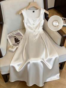 GlowEve Women's Sleeveless Square Neck Knit Elastic Metal Buckle Flared A-Line Cinched Waist Long Dress, White, Fashionable & Elegant, Summer - White - View 1