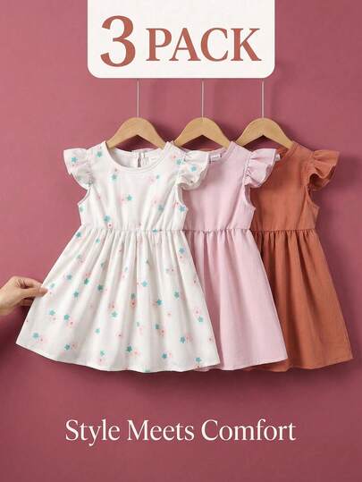 3 Pack Toddler Girl Baby Girls Cute Y2K Style Floral Print Polka Dot Pattern Ruffle Flutter Sleeve A-Line Soft Breathable Dresses Summer Outfits Clothes Sets Skirts For Vacation Wedding Party Spring Summer Baby Girl Frocks Toddler Ruffles Frocks Baby Dresses Summer